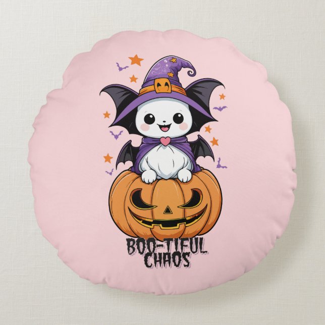 Bootiful Chaos | Fladdermus, hattar och pumpor Rund Kudde (Framsidan)