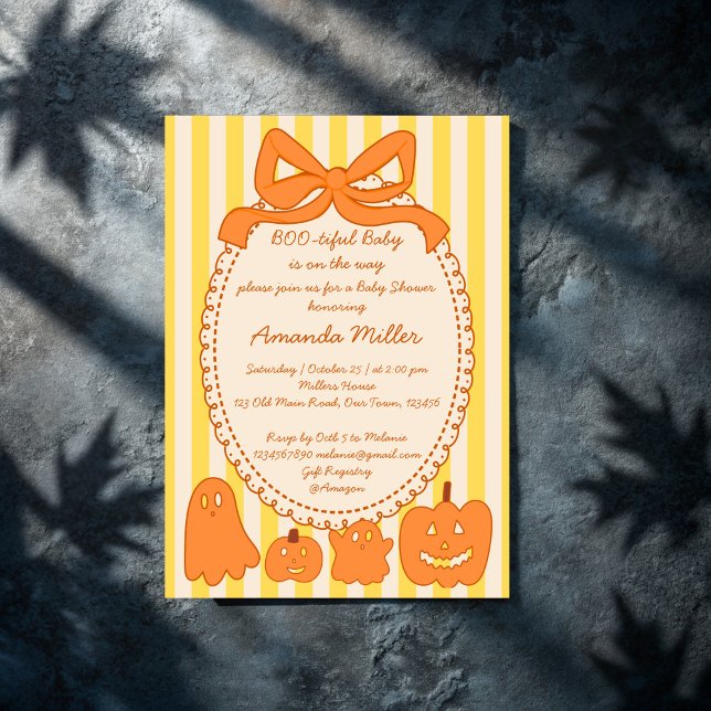 Bootiful söt spöke Halloween babydusch Inbjudningar (Boo-tiful cute ghost retro yellow orange stripes Halloween baby shower Invitation cards template)