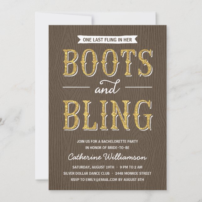 Boots and Bling | Glitter-look Bachelorette Party Inbjudningar (Framsida)