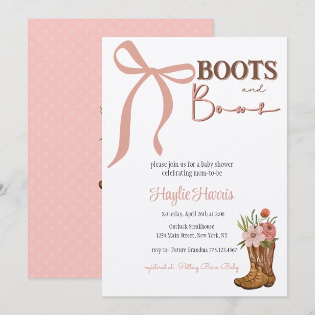 Boots and Bows Baby Girl Shower Inbjudningar (Fram/baksida)
