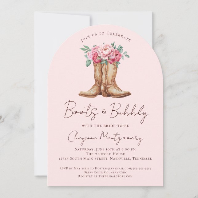 Boots and Bubbly Blush Pink Floral Bridal Shower Inbjudningar (Framsida)