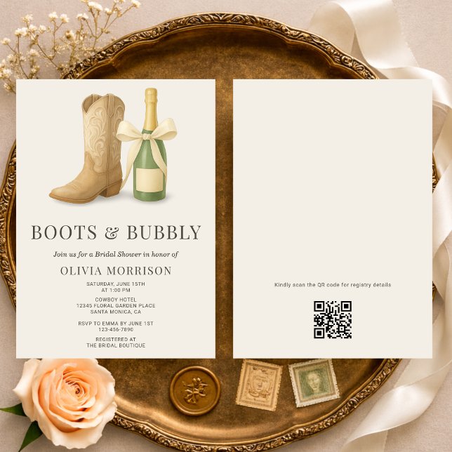 Boots and Bubbly QR Code Bow Bridal Shower Inbjudningar (Skapare uppladdad)