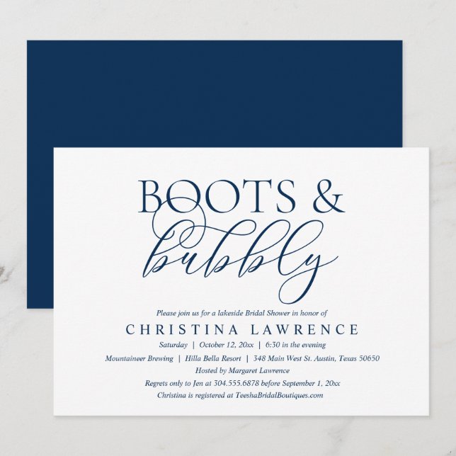 Boots and Bubly, Bride to be, Möhippa Invit Inbjudningar (Fram/baksida)