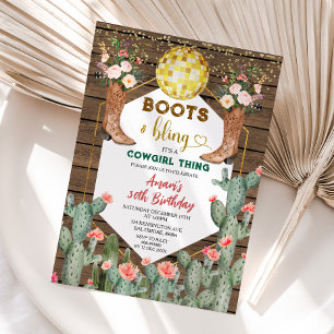 Boots & Bling Cowgirl Sak Cactus 30års födelsedag Inbjudningar