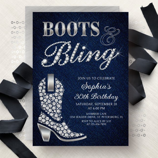 Boots Bling Denim Western Birthday Inbjudningar (Skapare uppladdad)