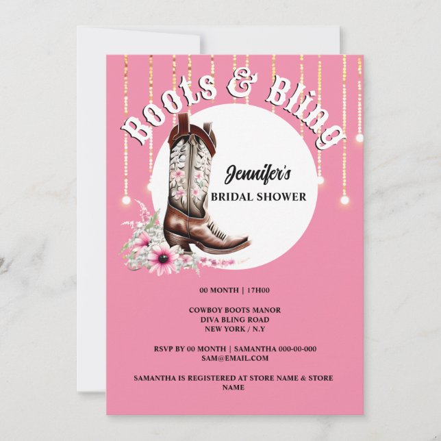 Boots Bling rosa cowboyens blommigt western Inbjudningar (Framsida)