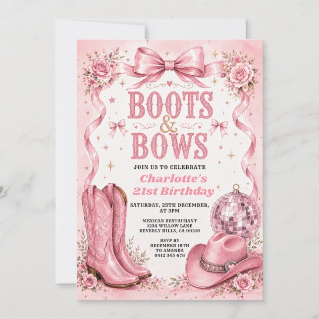 Boots & Bows 21-års födelsedagsinbjudan Inbjudningar (Framsida)