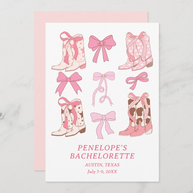 Boots & Bows Rosa Girly Bachelorette Party Inbjudningar (Fram/baksida)