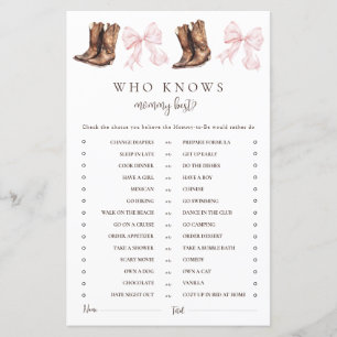 Boots & Bows Vem vet mest om mamma Baby Shower Lek