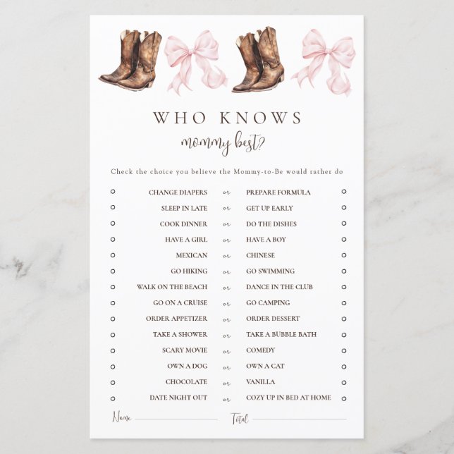 Boots & Bows Vem vet mest om mamma Baby Shower Lek (Framsida)