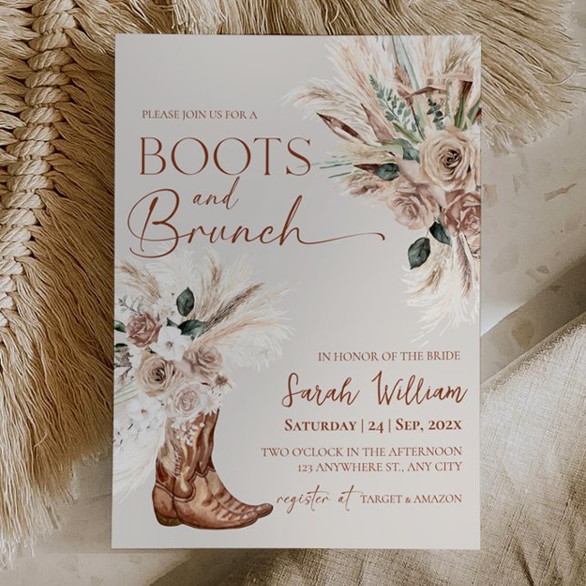 Boots Brunch Bröllopsfestin Inbjudan Rustik Boho (Boots Brunch Bridal Shower Invitation Rustic Boho Pampas Floral )