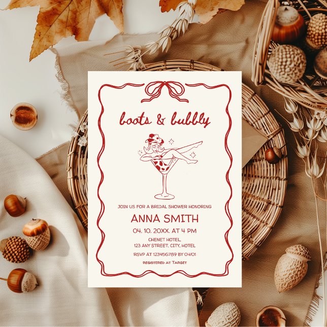 Boots & Bubbelhandtrad Rodeo Red-Möhippa Inbjudningar (Boots & Bubbly Hand-drawn Retro Cowgirl Western "let's go girls" bridal shower in Red with Bow)