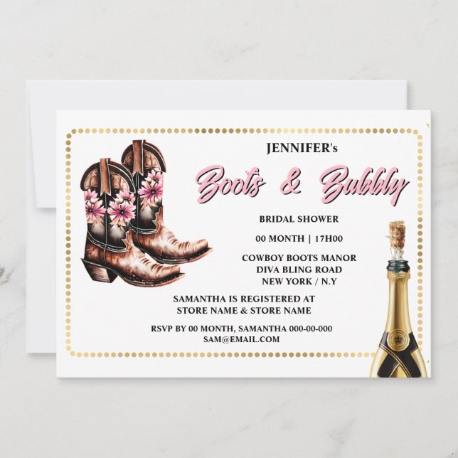 Boots bubblande rosa guld cowgirl bollar blommigt  inbjudningar (Framsida)