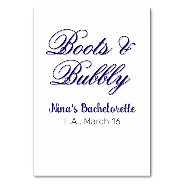 Boots & Bubble bachelorette party name purpleplace Bordsnummer (Framsidan)