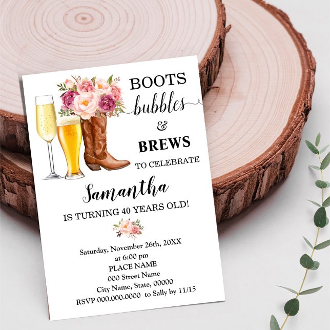 Boots Bubbles & Brews Rosa Flowers Vuxnor Birthday Inbjudningar (Skapare uppladdad)