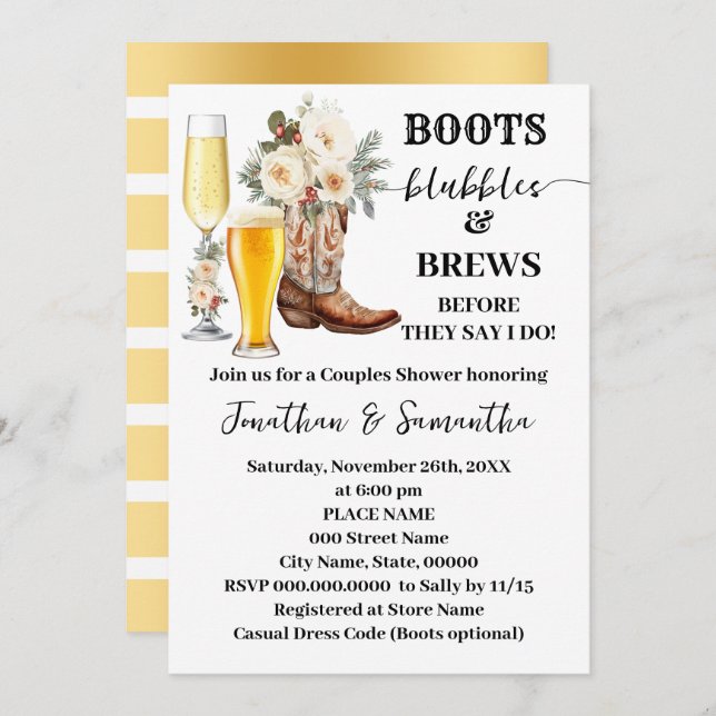 Boots Bubbles & Brews Winter Bridal Shower Inbjudningar (Fram/baksida)