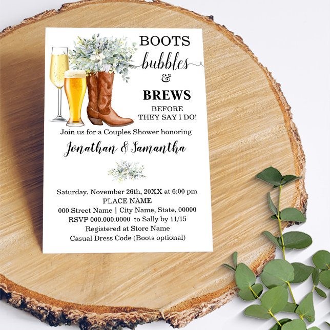 Boots Bubbles och Brews dusch eucalyptus greenery Inbjudningar (Skapare uppladdad)
