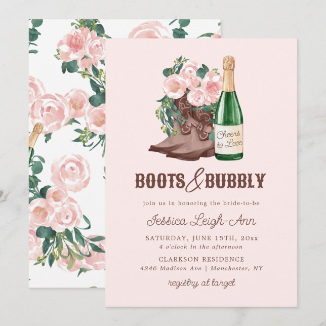 Boots & Bubbly Blommig Champagne Bröllopsdusch Inbjudningar (Fram/baksida)