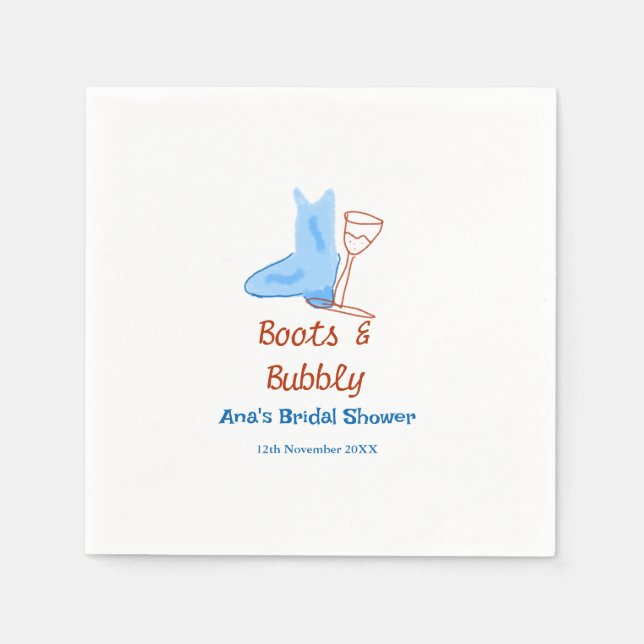 Boots & bubbly champagne bottle bridal shower blue pappersservett (Framsidan)