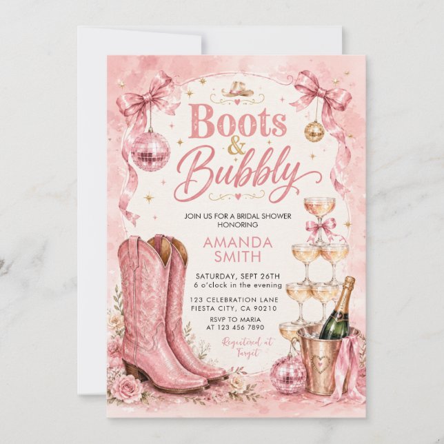 Boots & Bubbly Disco Bröllopsdusch Inbjudan (Framsida)