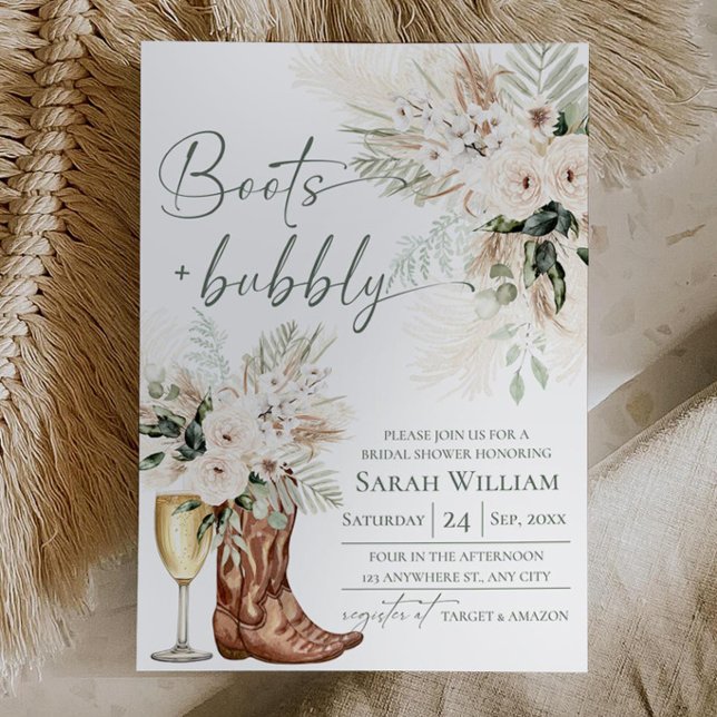 Boots Bubbly Greenery Bröllopsfest Inbjudan (Boots & Bubbly Bridal Shower Invitation | White Cream Greenery Rustic Western Boho)
