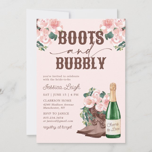 Boots & Bubly Blommigt Champagne Möhippa Invi Inbjudningar (Framsida)