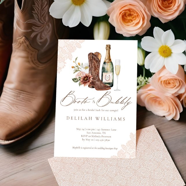 Boots & Bubly Chic Cowgirl Western Möhippa Inbjudningar (Boots & Bubbly Chic Cowgirl Western Bridal Shower Invitation)