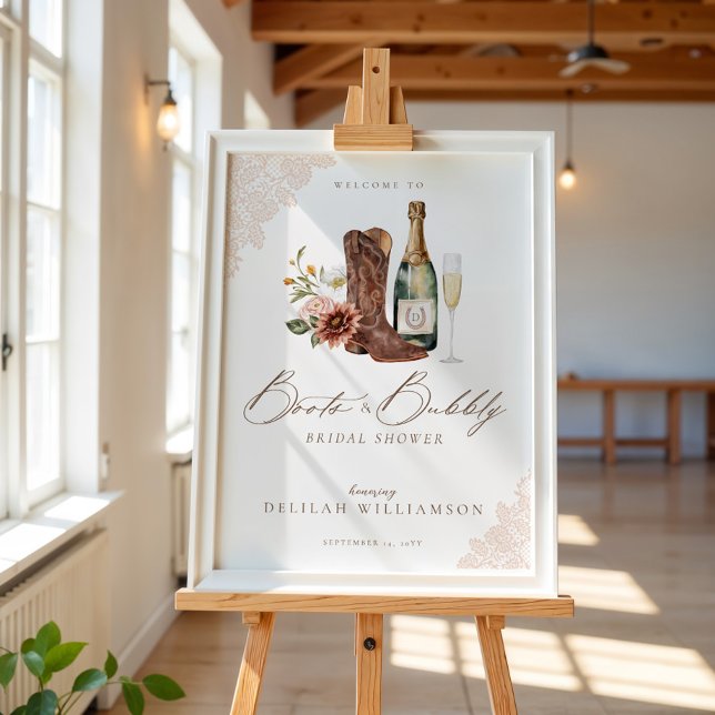 Boots & Bubly Cowgirl Western Möhippa Sign Poster (Boots & Bubbly Cowgirl Western Bridal Shower Sign)
