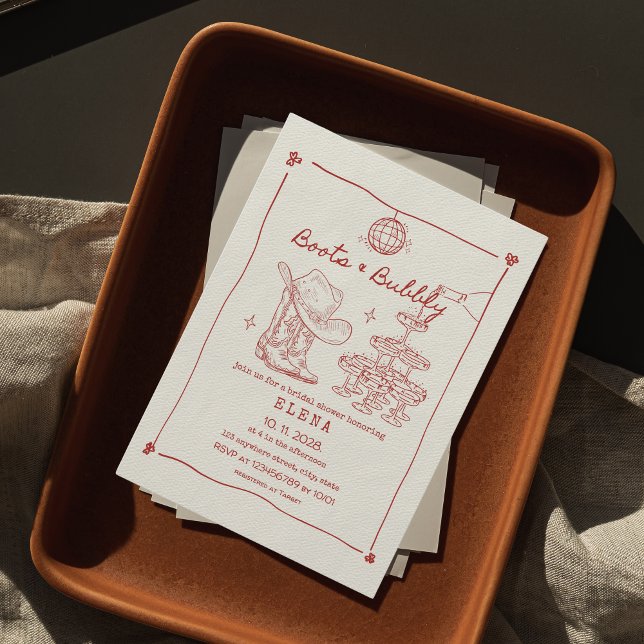 Boots & Bubly Hand plockade Red Möhippa Inbjudningar (boots & bubbly bridal shower invitation last rodeo hand drawn red )