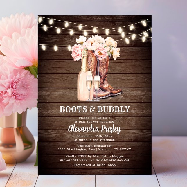 Boots & Bubly Rustic Cowgirl Blommigt MÖHIPPA Inbjudningar (Boots & Bubbly Rustic Cowgirl BRIDAL SHOWER Invitation)
