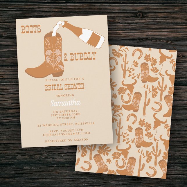 Boots BubLY Rustic Westerna Land Möhippa Inbjudningar (Boots Bubbly Rustic Western Country Bridal Shower Invitation)