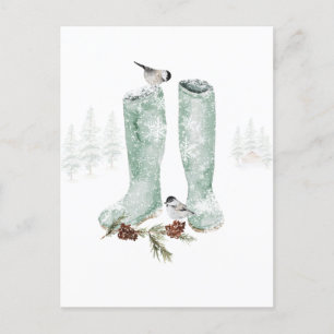 Boots & Chickadees Snowing Winter Woodland Scene Vykort