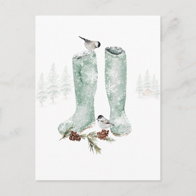 Boots & Chickadees Snowing Winter Woodland Scene Vykort (Framsida)