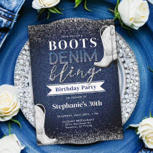 Boots Denim Bling Diamond Blue Jeans 30års födelse Inbjudningar