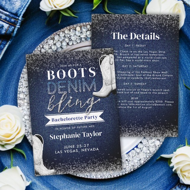 Boots Denim Bling Diamonds Chic Bachelorette Party Inbjudningar (denim and diamonds bachelorette party invitation weekend bridesmaids girls road trip boots bling )