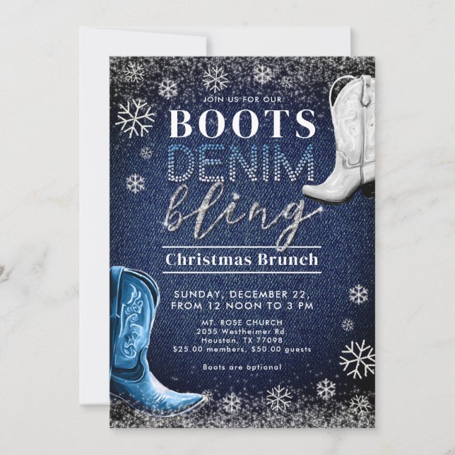 Boots Denim Bling Snö Ram Blue jul Party Inbjudningar (Framsida)