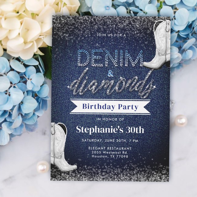 Boots Denim Diamonds Blue Jeans Chic 30års födelse Inbjudningar (denim and diamonds birthday invitation cowgirl boots white blue elegant classy modern 30th)