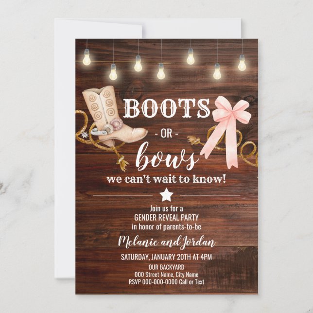 Boots eller Bows Gender Reveal Party Inbjudningar (Framsida)