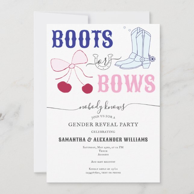 Boots eller Bows Land Gender Reveal Baby Shower Inbjudningar (Framsida)
