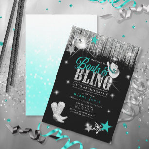 Boots 'n Bling Disco Bachelorette Teal ID925 Inbjudningar