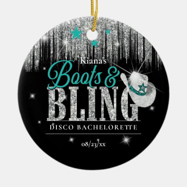 Boots 'n Bling Disco Bachelorette Teal ID925 Julgransprydnad Keramik (Framsidan)
