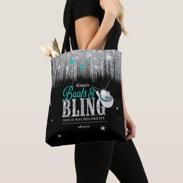 Boots 'n Bling Disco Bachelorette Teal ID925 Tygkasse (Närbild)