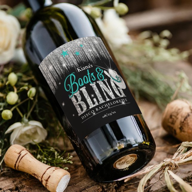 Boots 'n Bling Disco Bachelorette Teal ID925 Vinflaska Etikett (Skapare uppladdad)