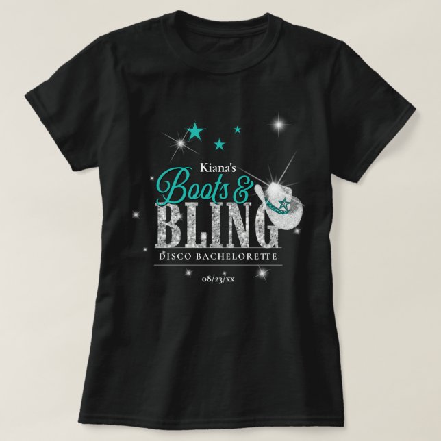 Boots 'n Bling Disco Bachelorette Teal Svart ID925 T Shirt (Design framsida)