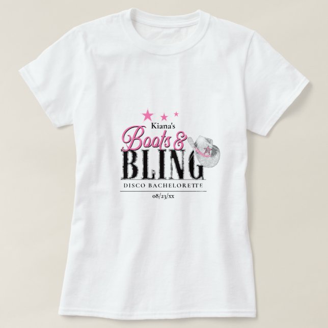 Boots 'n Bling Disco Bachelorette Wht ID925 T Shirt (Design framsida)