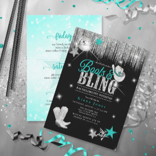 Boots 'n Bling Disco Bachelorette Wkend Teal ID925 Inbjudningar