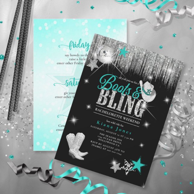 Boots 'n Bling Disco Bachelorette Wkend Teal ID925 Inbjudningar (Skapare uppladdad)