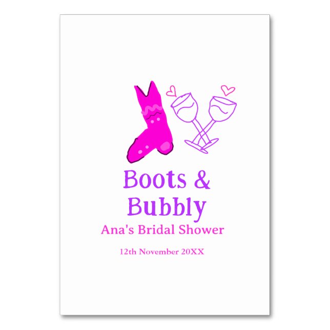 Boots och bubbelchampagne flaska möhippa rosa bordsnummer (Framsidan)