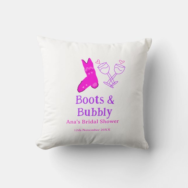 Boots och bubbelchampagne flaska möhippa rosa kudde (Framsida)