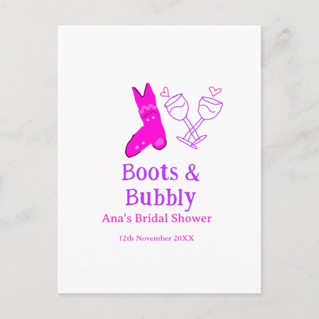 Boots och bubbelchampagne flaska möhippa rosa vykort (Framsida)
